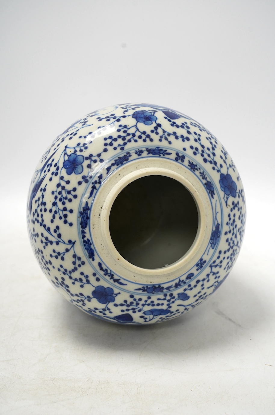 A 19th century Chinese blue and white 'boys' jar (without cover). 19cm high. Condition - good